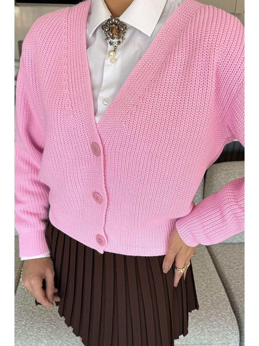 Pembe V Yaka Ön Düğmeli Kadın Örme Triko Hırka-2