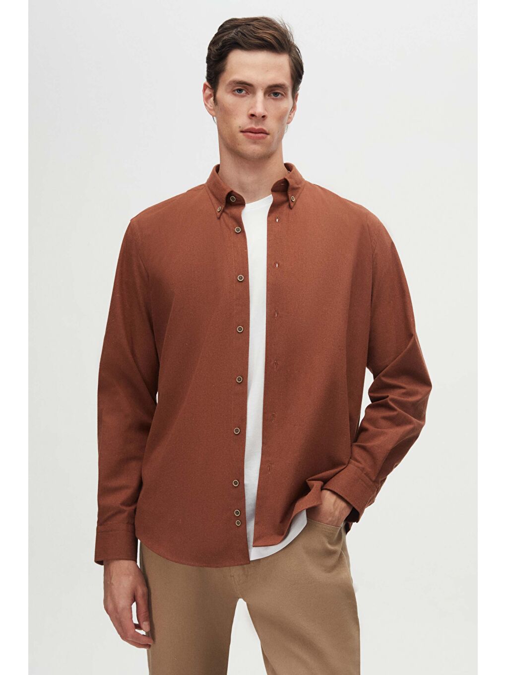 Regular Fit Kahverengi Düz Kışlık Flanel Gömlek-3