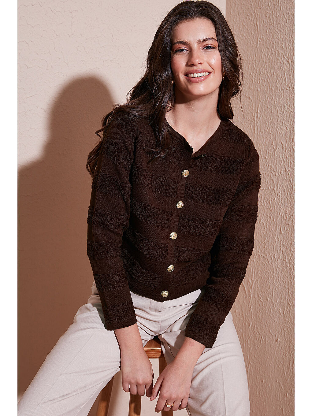 Kahverengi Premium Regular Fit Bisiklet Yaka Düğmeli Dokulu Triko Hırka 680HI00337