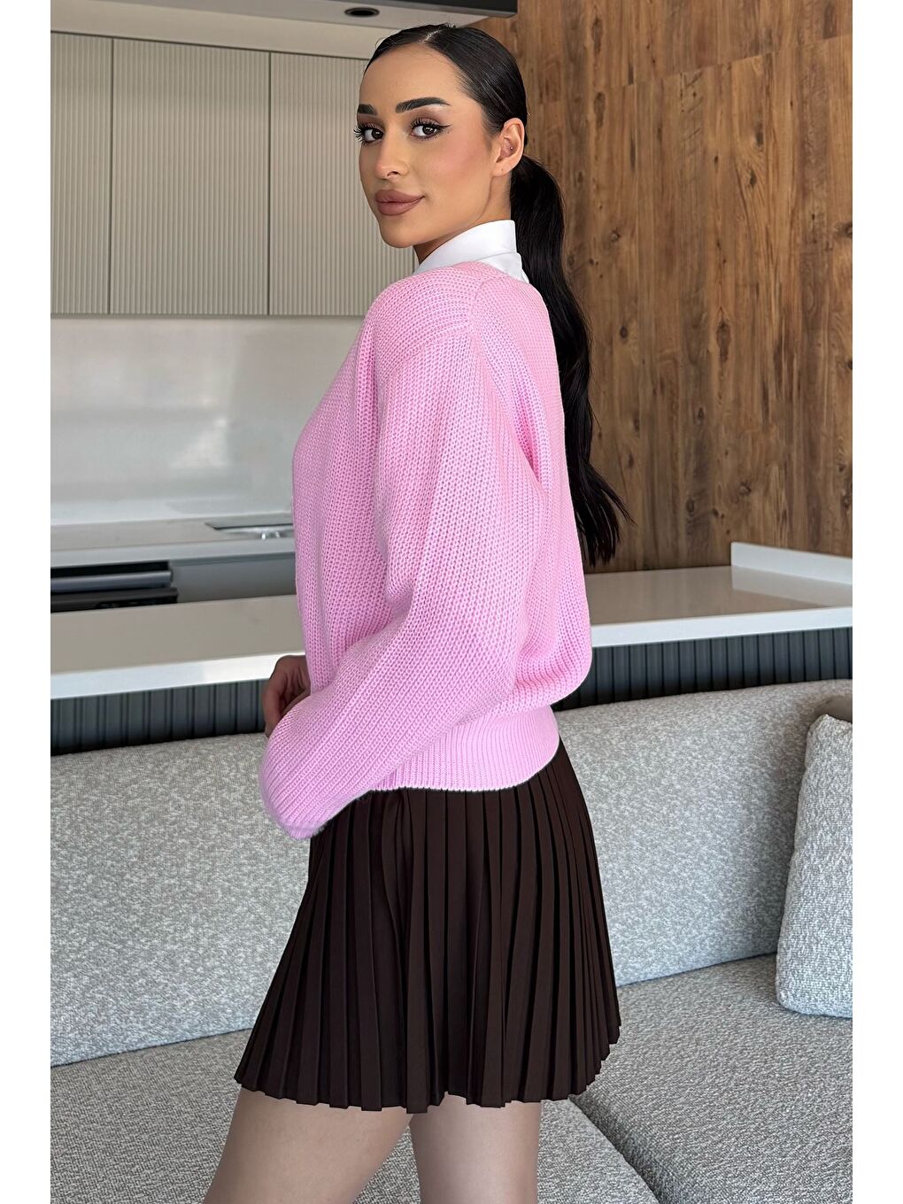 Pembe V Yaka Ön Düğmeli Kadın Örme Triko Hırka-3