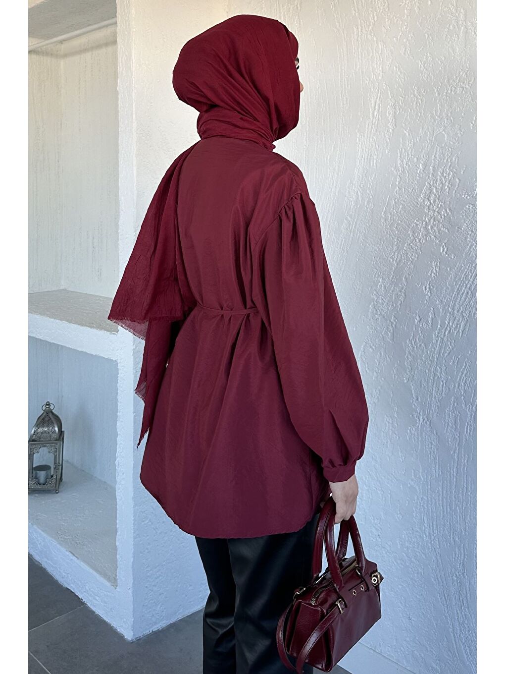 Bordo Balon Kol Bel Bağlamalı Gömlek Tunik-7