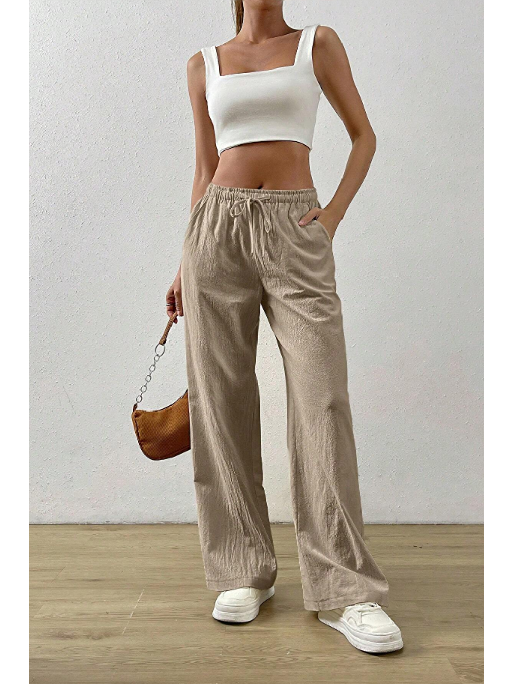 Bej Vizon Bol Paça Müslin Kadın Pantolon-5