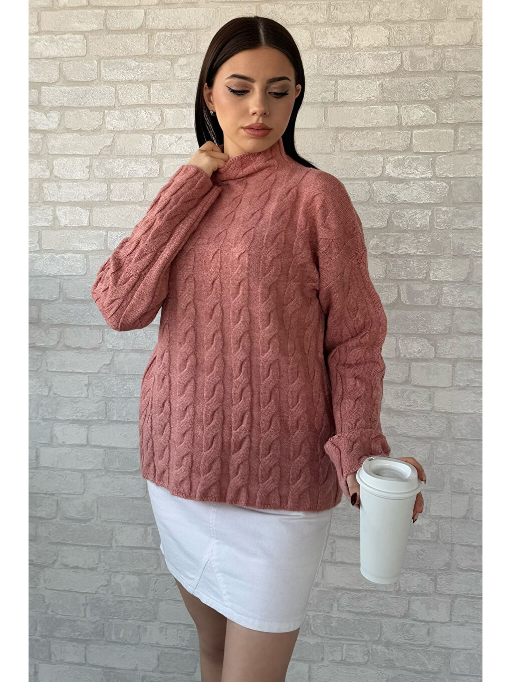 Pembe Yarım Balıkçı Yaka Desenli Kadın Triko Kazak