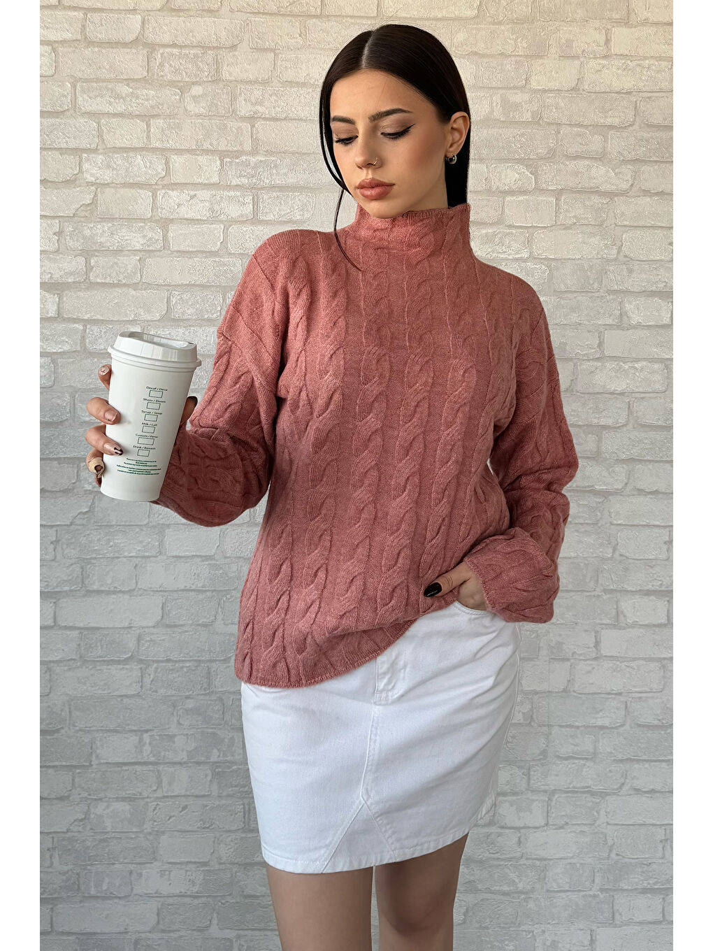 Pembe Yarım Balıkçı Yaka Desenli Kadın Triko Kazak-1