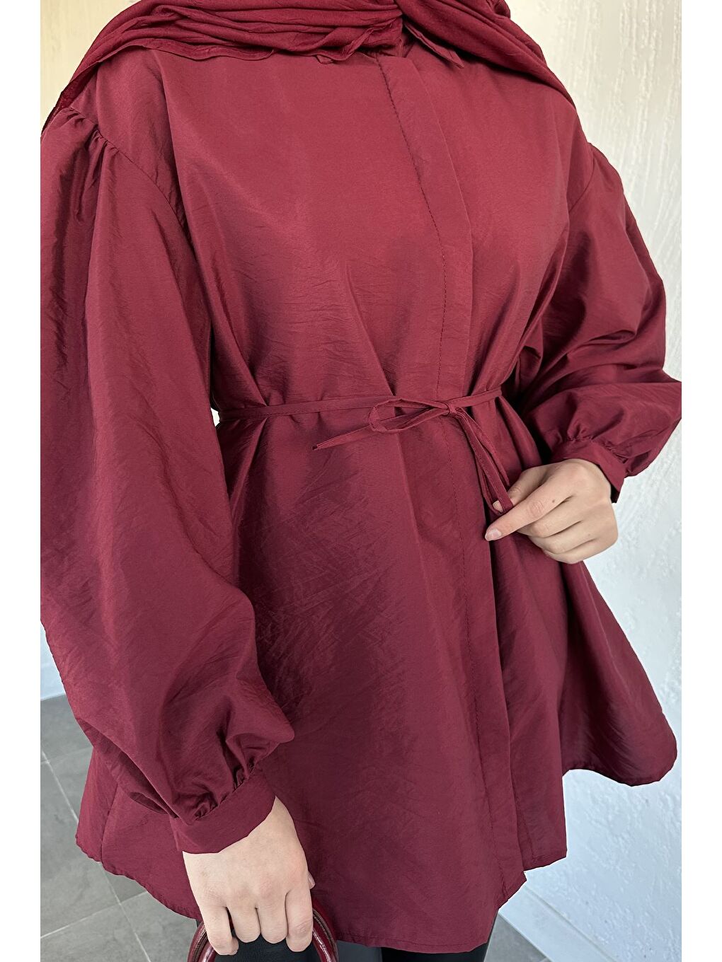 Bordo Balon Kol Bel Bağlamalı Gömlek Tunik-8