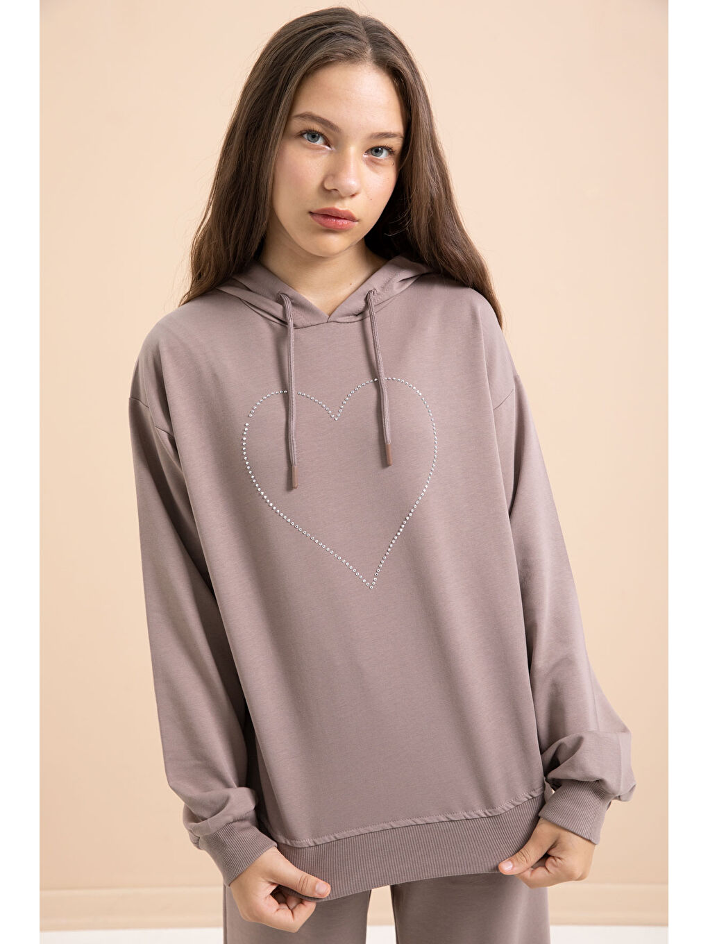 Kahverengi Kalp Desenli Kapüşonlu Kız Çocuk Eşofman Takımı 21255-2