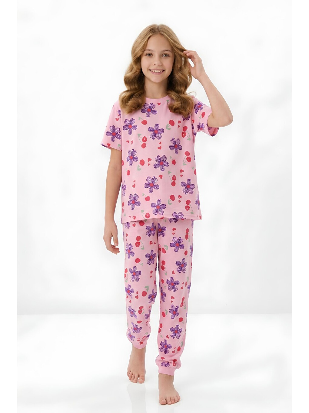 Pembe Kız Çocuk %100 Pamuk Pijama Takımı 8-13 Yaş 12698IS