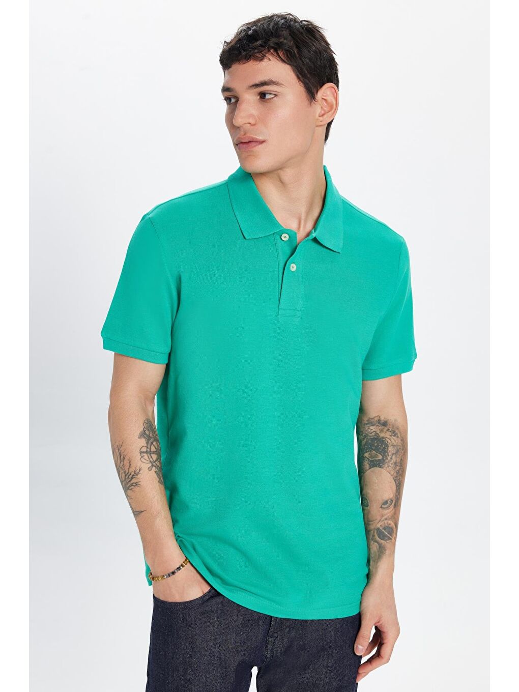 Erkek Slim Fit Dar Kesim %100 Pamuk Yeşil Polo Yaka Tişört-1