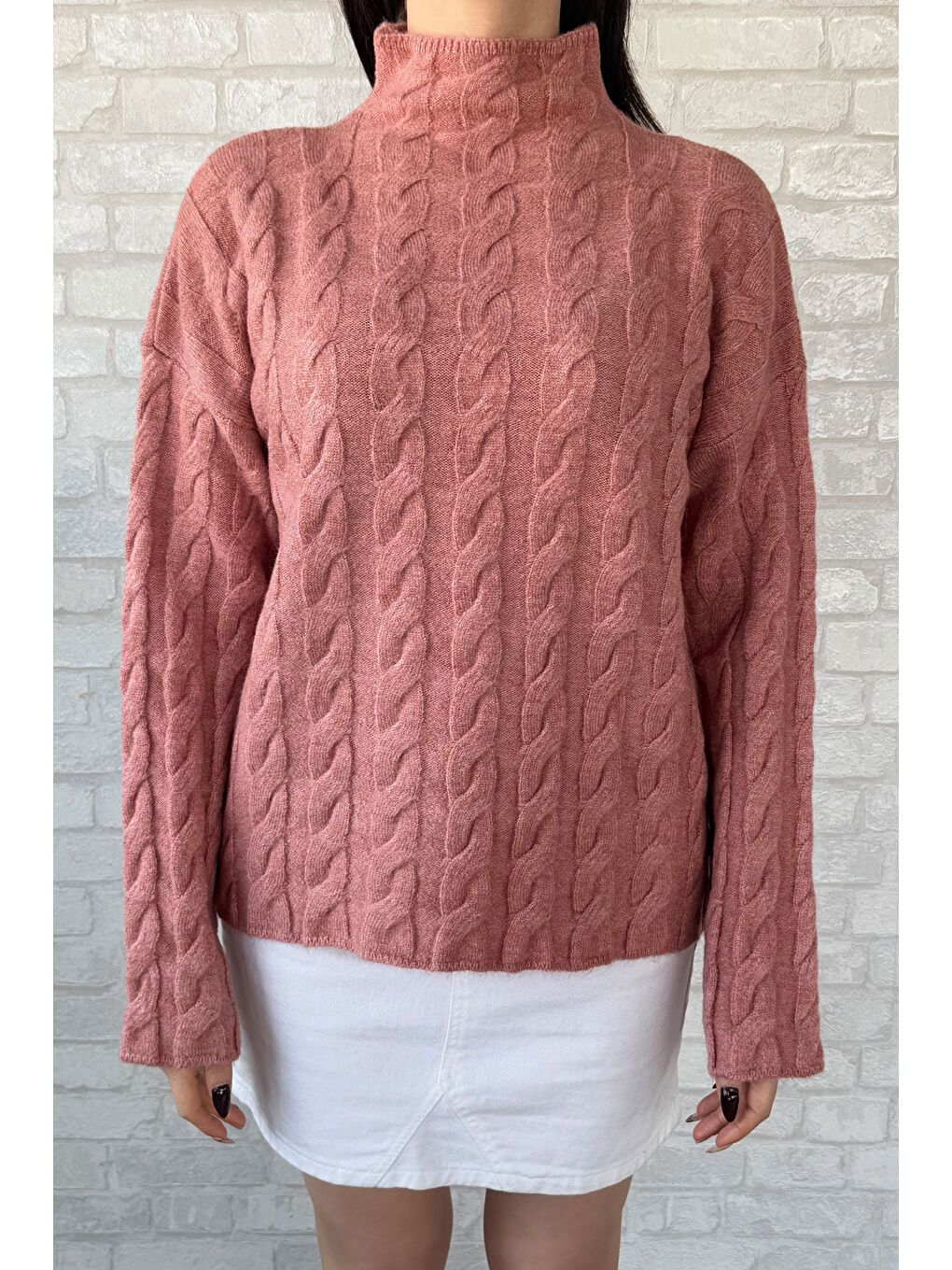 Pembe Yarım Balıkçı Yaka Desenli Kadın Triko Kazak-2