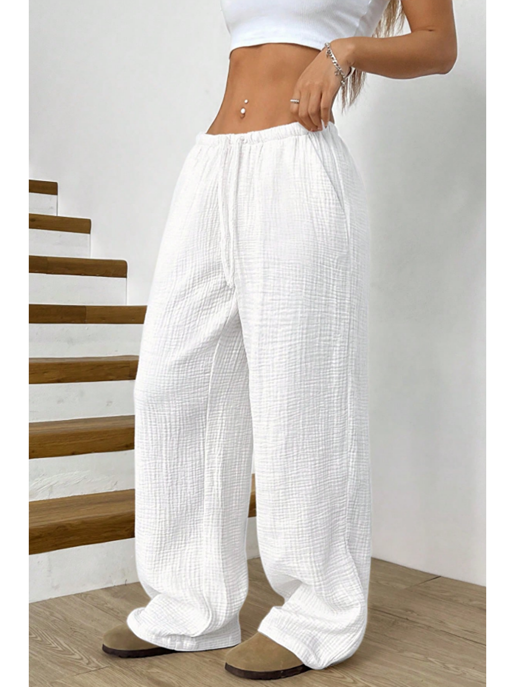 Beyaz Bol Paça Müslin Kadın Pantolon-2