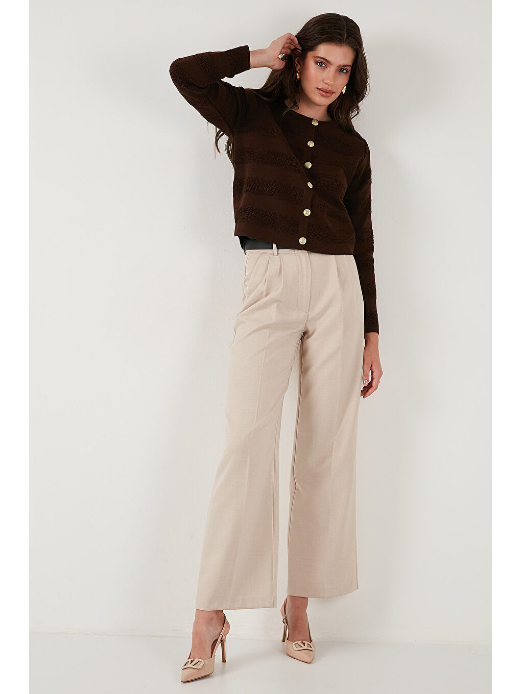 Kahverengi Premium Regular Fit Bisiklet Yaka Düğmeli Dokulu Triko Hırka 680HI00337-2