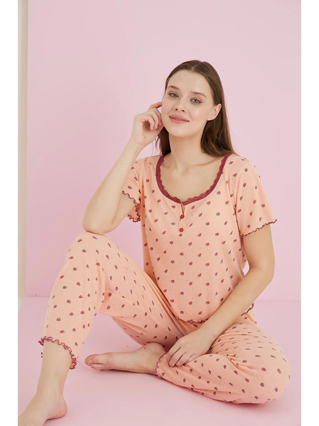 Turuncu Jakarlı Viskon Dantelli Pijama Takım 7081-2