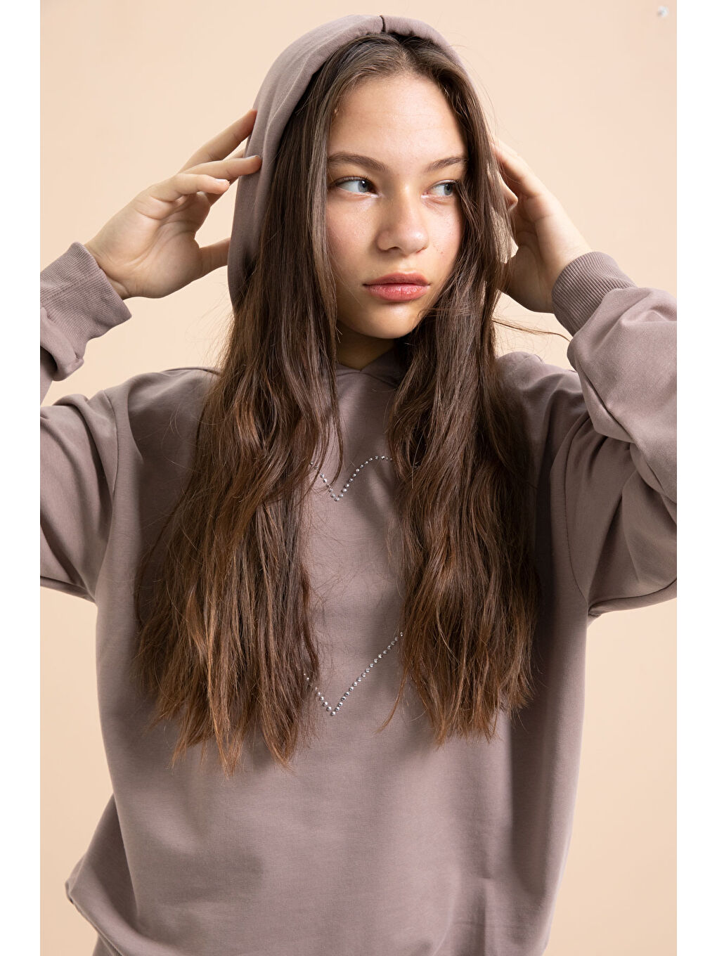 Kahverengi Kalp Desenli Kapüşonlu Kız Çocuk Eşofman Takımı 21255-3