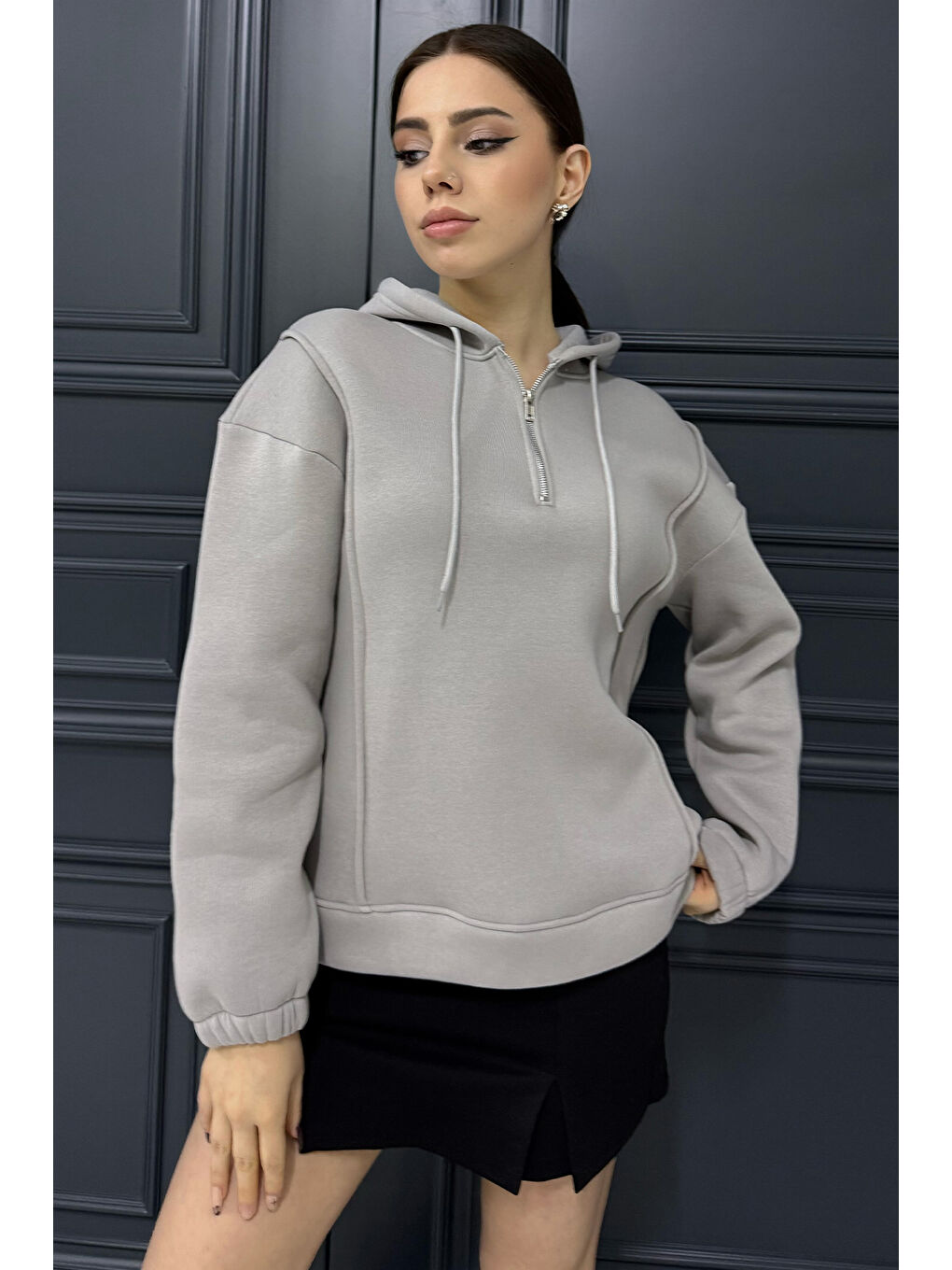 Gri Yarım Fermuarlı Üç İplik Şardonlu Kadın Sweatshirt-1