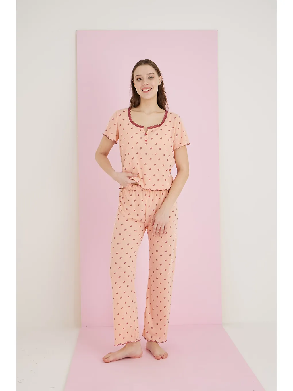 Turuncu Jakarlı Viskon Dantelli Pijama Takım 7081-2-1