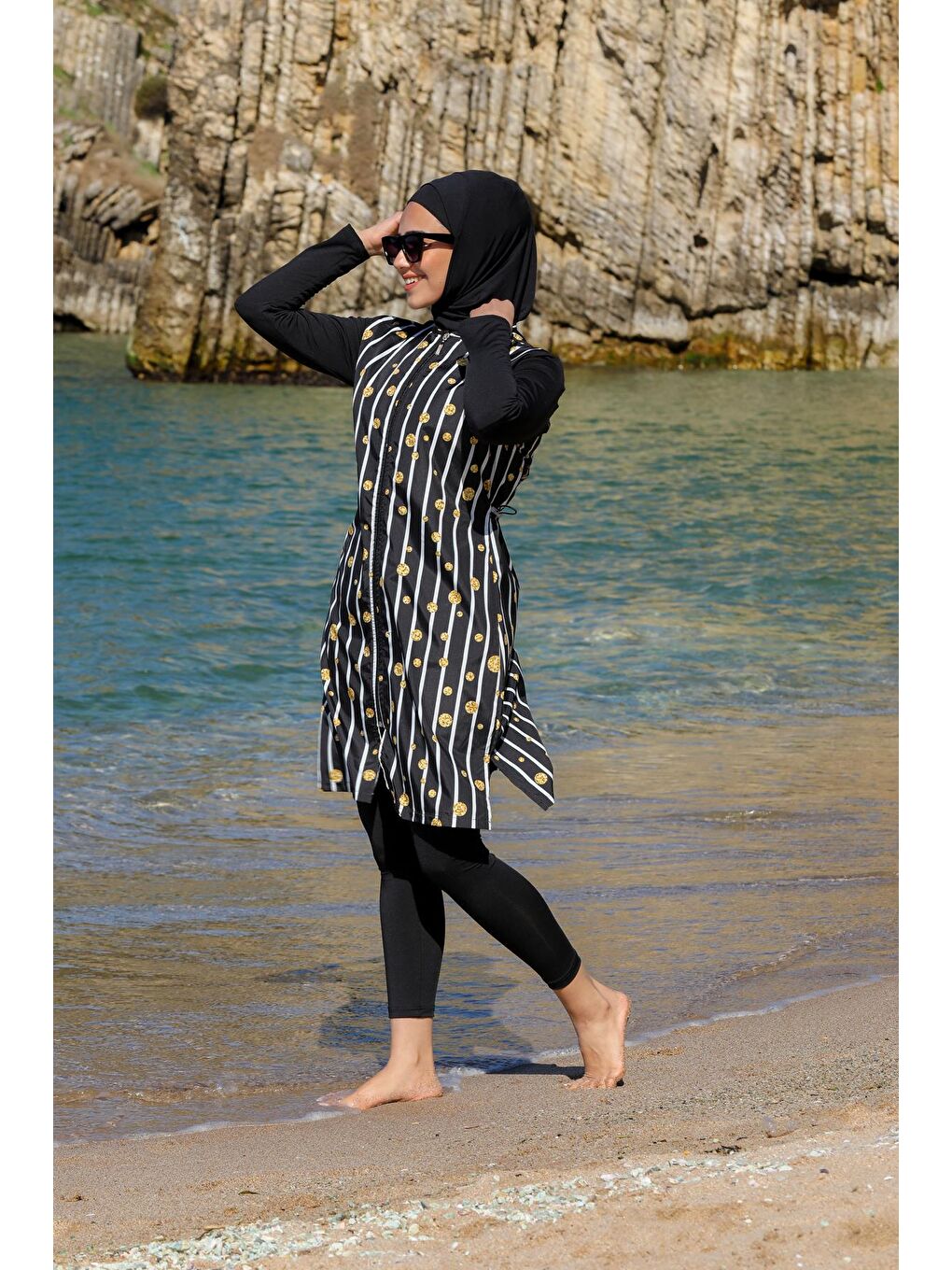 Siyah Çizgili Desen Jile Taytlı Tam Kapalı Tesettür Mayo 2346-1