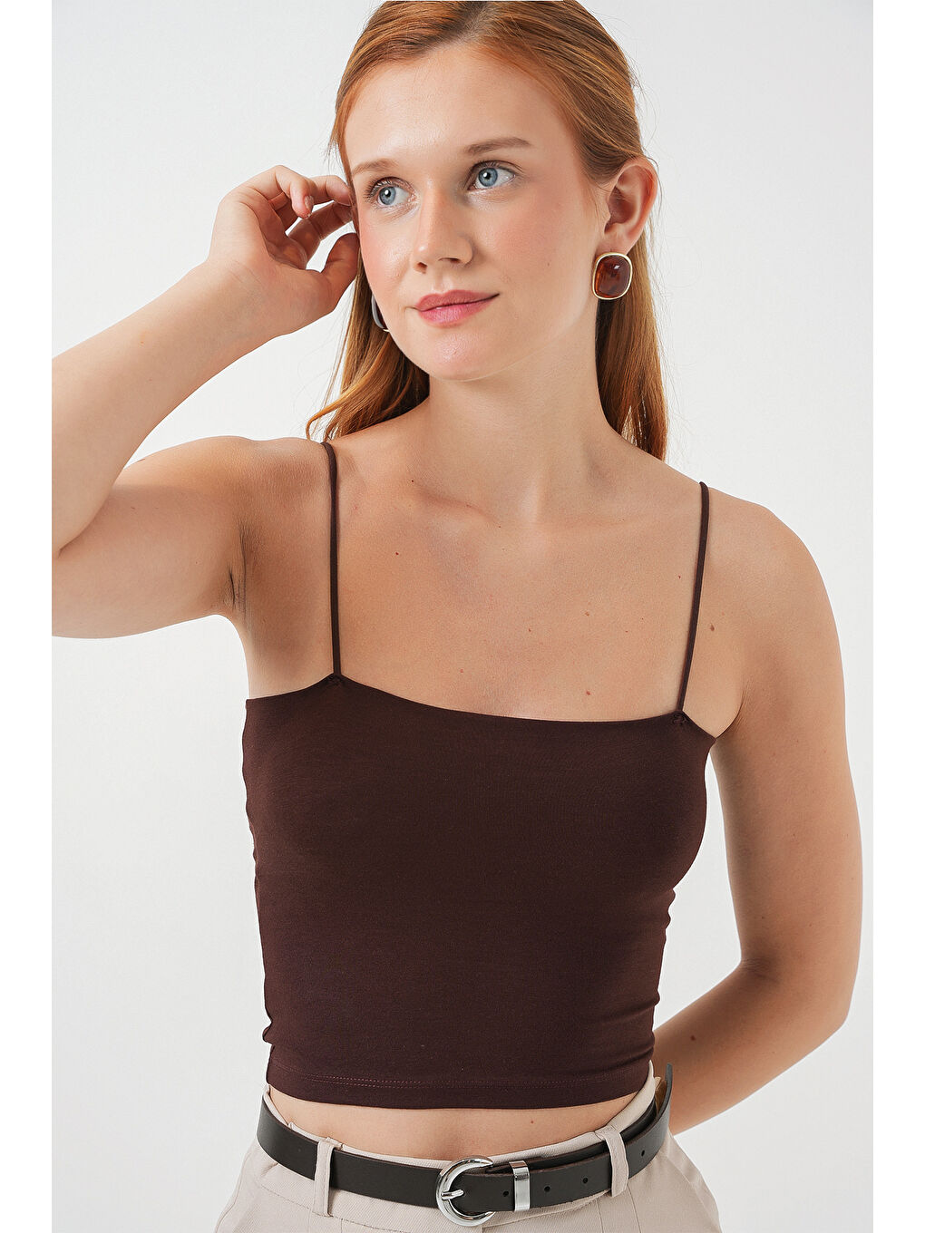 Kadın İp Askılı Basic Crop Büstiyer 973 - Kahverengi-2