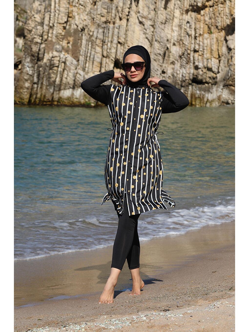 Siyah Çizgili Desen Jile Taytlı Tam Kapalı Tesettür Mayo 2346-2