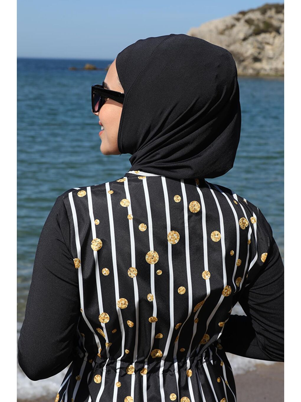 Siyah Çizgili Desen Jile Taytlı Tam Kapalı Tesettür Mayo 2346-3