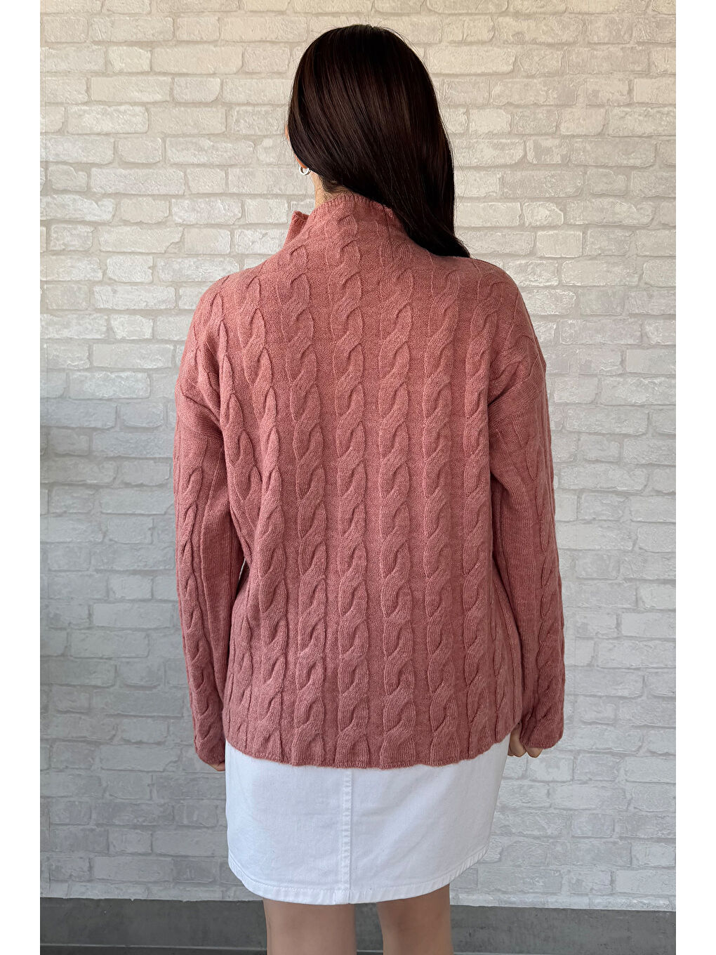 Pembe Yarım Balıkçı Yaka Desenli Kadın Triko Kazak-3