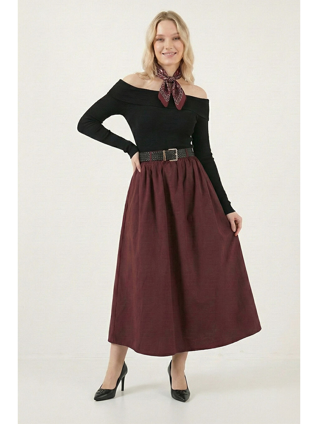 Mürdüm Pamuklu Relaxed Fit Lastikli Bel Kemer Detaylı Midi Boy Etek 6921273-1