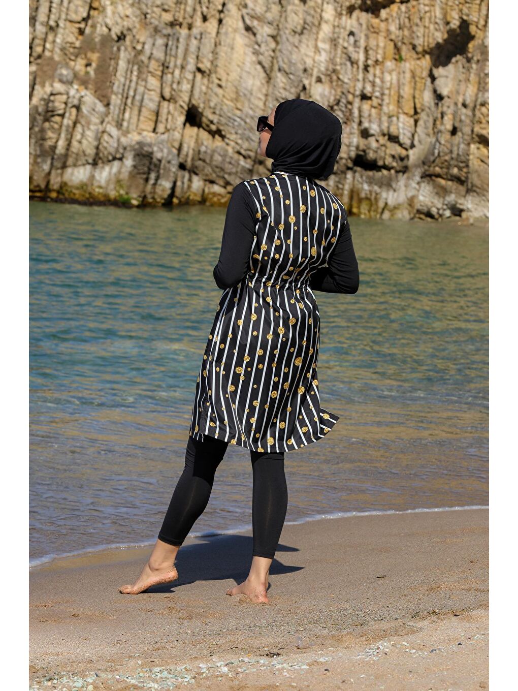 Siyah Çizgili Desen Jile Taytlı Tam Kapalı Tesettür Mayo 2346-4