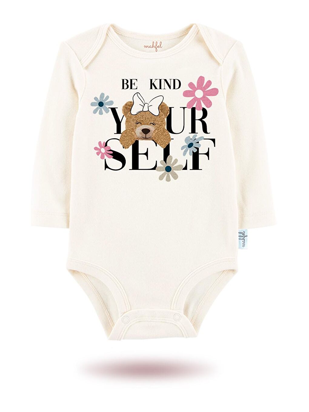 MAHFEL Bej-Beyaz 3'lü " BE KIND YOURSELF" Baskılı Uzun Kollu Bebek Body Zıbın - 1