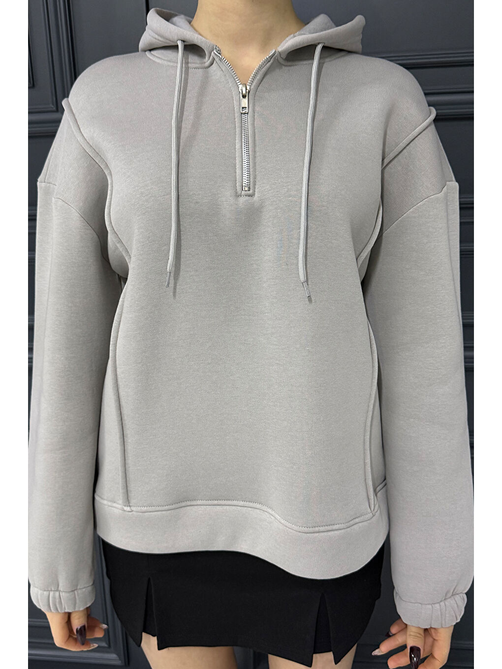 Gri Yarım Fermuarlı Üç İplik Şardonlu Kadın Sweatshirt-2