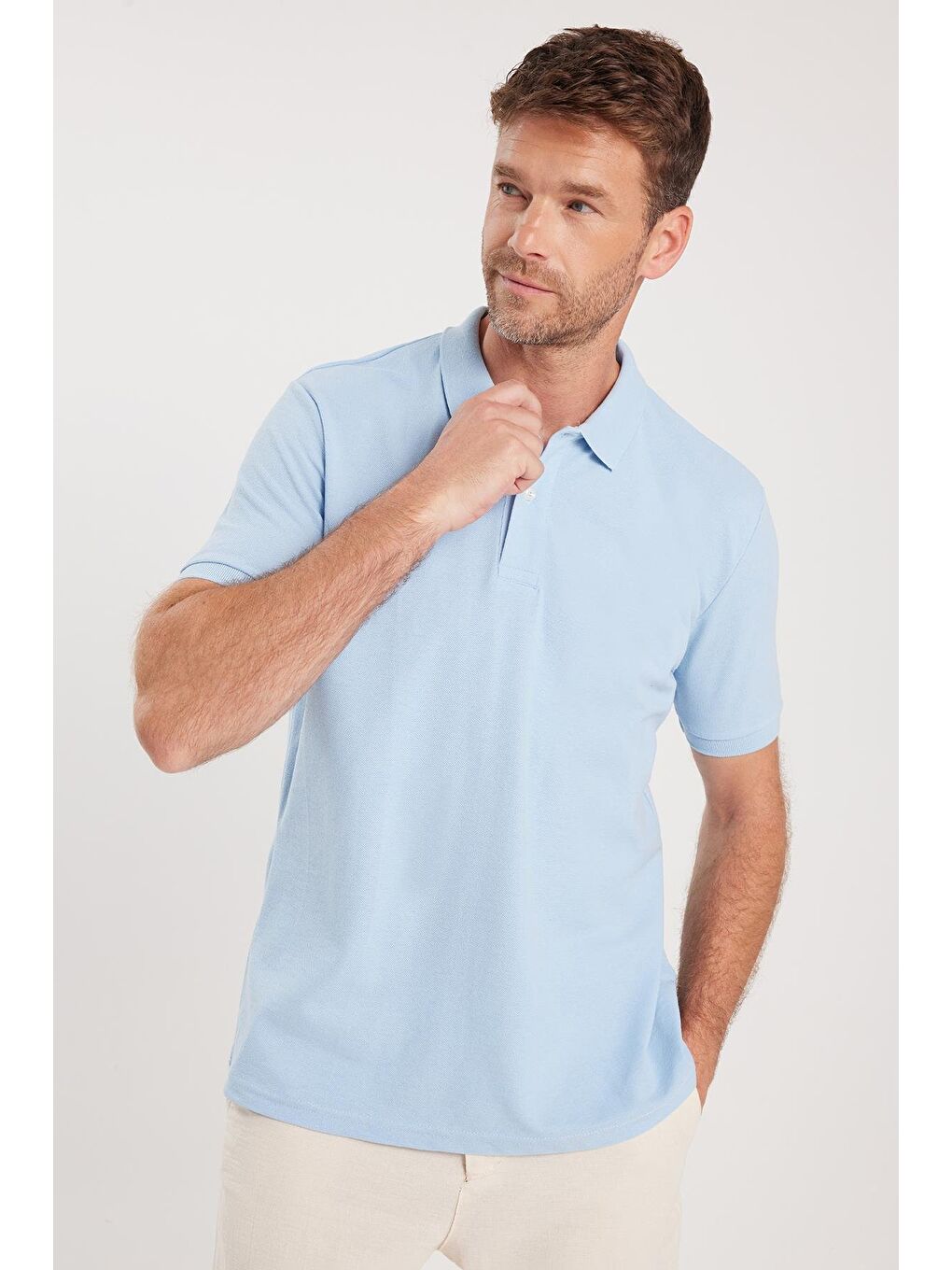 Erkek Regular Fit Klasik Kesim Pamuklu Yumuşak Dokulu Serin Tutan Kumaş Düz Mavi Polo Yaka Tişört-1
