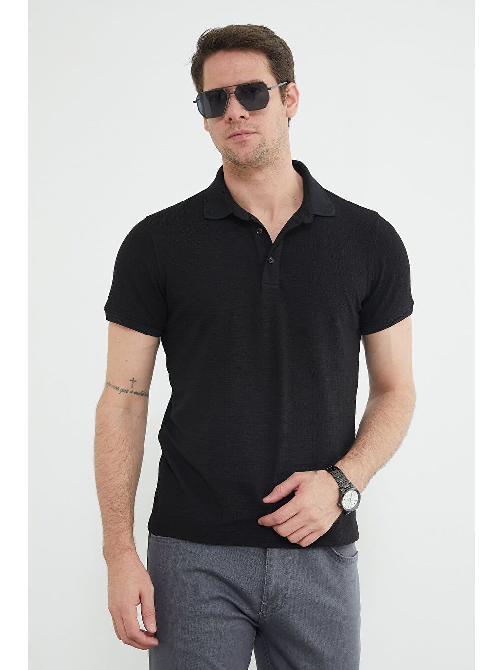 Siyah Basic Polo Yaka Regular Fit Tişört-3