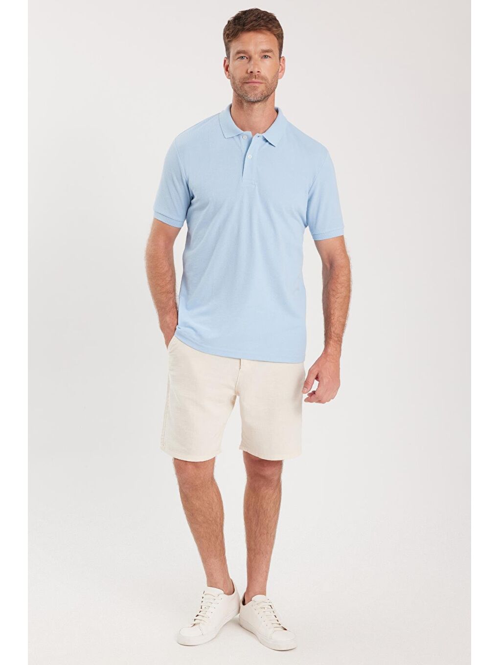 Erkek Regular Fit Klasik Kesim Pamuklu Yumuşak Dokulu Serin Tutan Kumaş Düz Mavi Polo Yaka Tişört-3