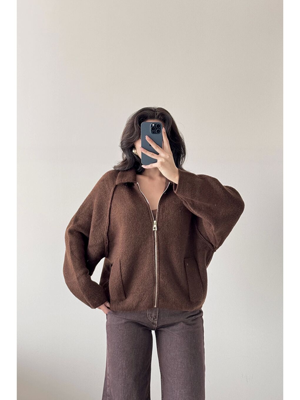 Kahverengi Kadın Kahve Fermuarlı Oversize Hırka 1014-2381-5