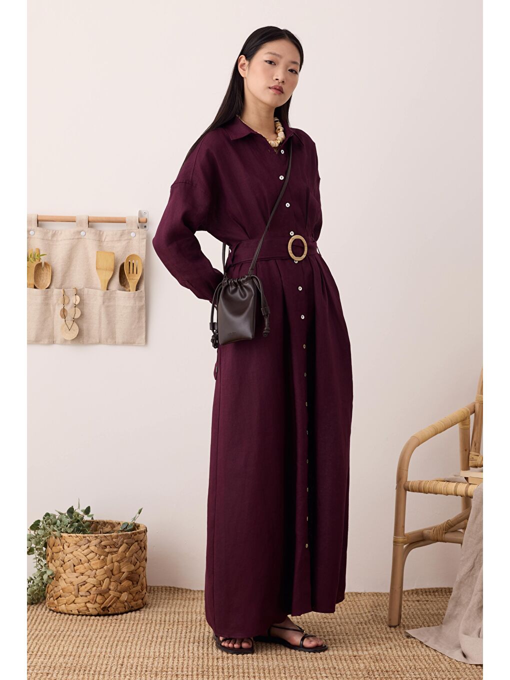 Keten Uzun Pileli Elbise Bordo