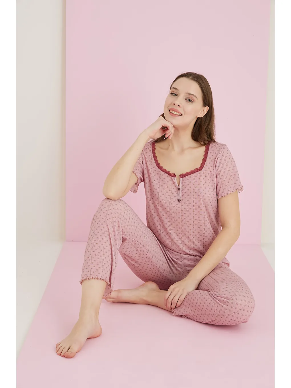 Pembe Jakarlı Viskon Dantelli Pijama Takım 7081-8