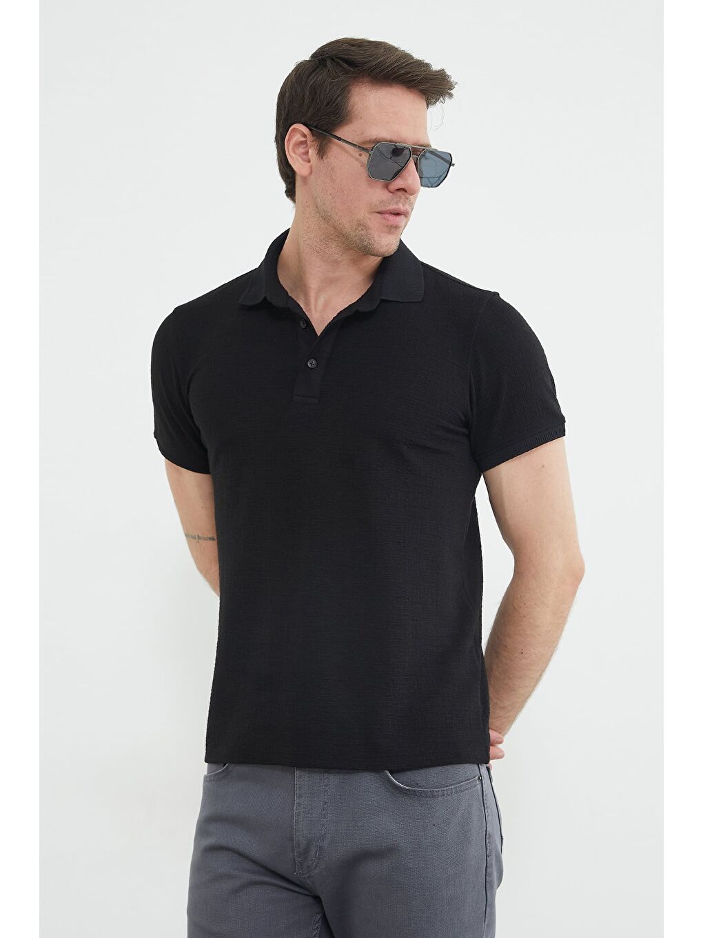 Siyah Basic Polo Yaka Regular Fit Tişört-4
