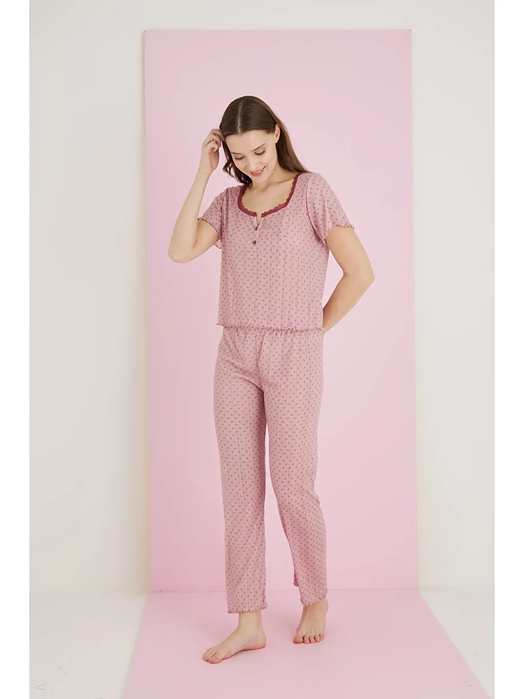 Pembe Jakarlı Viskon Dantelli Pijama Takım 7081-8-1