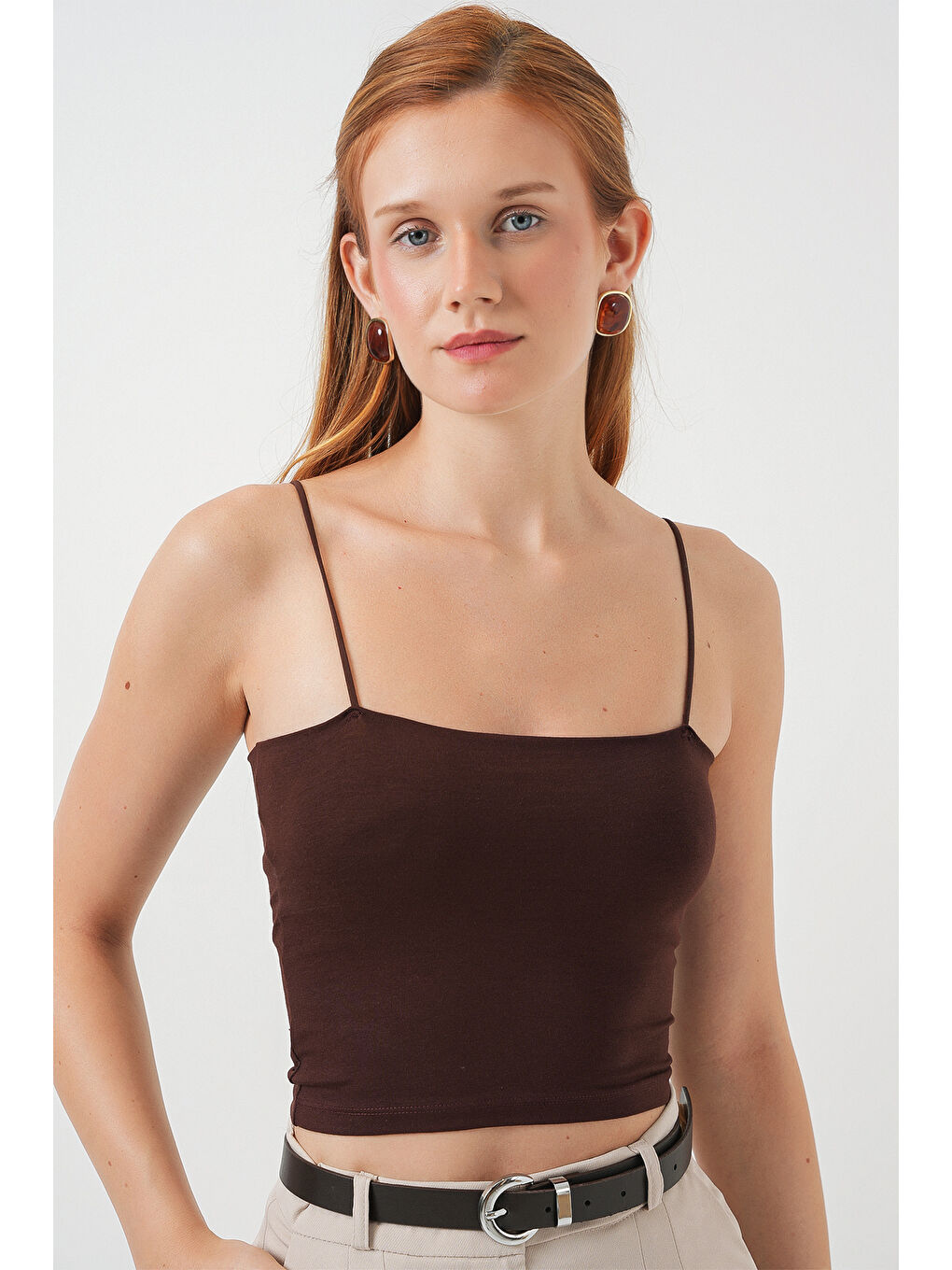 Kadın İp Askılı Basic Crop Büstiyer 973 - Kahverengi-3