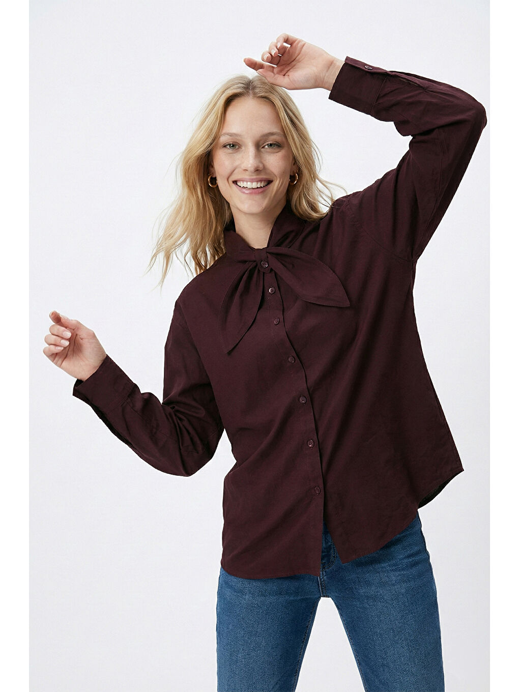 Mürdüm Pamuklu Relaxed Fit Fiyonk Detaylı Yaka Gömlek 6925407-4