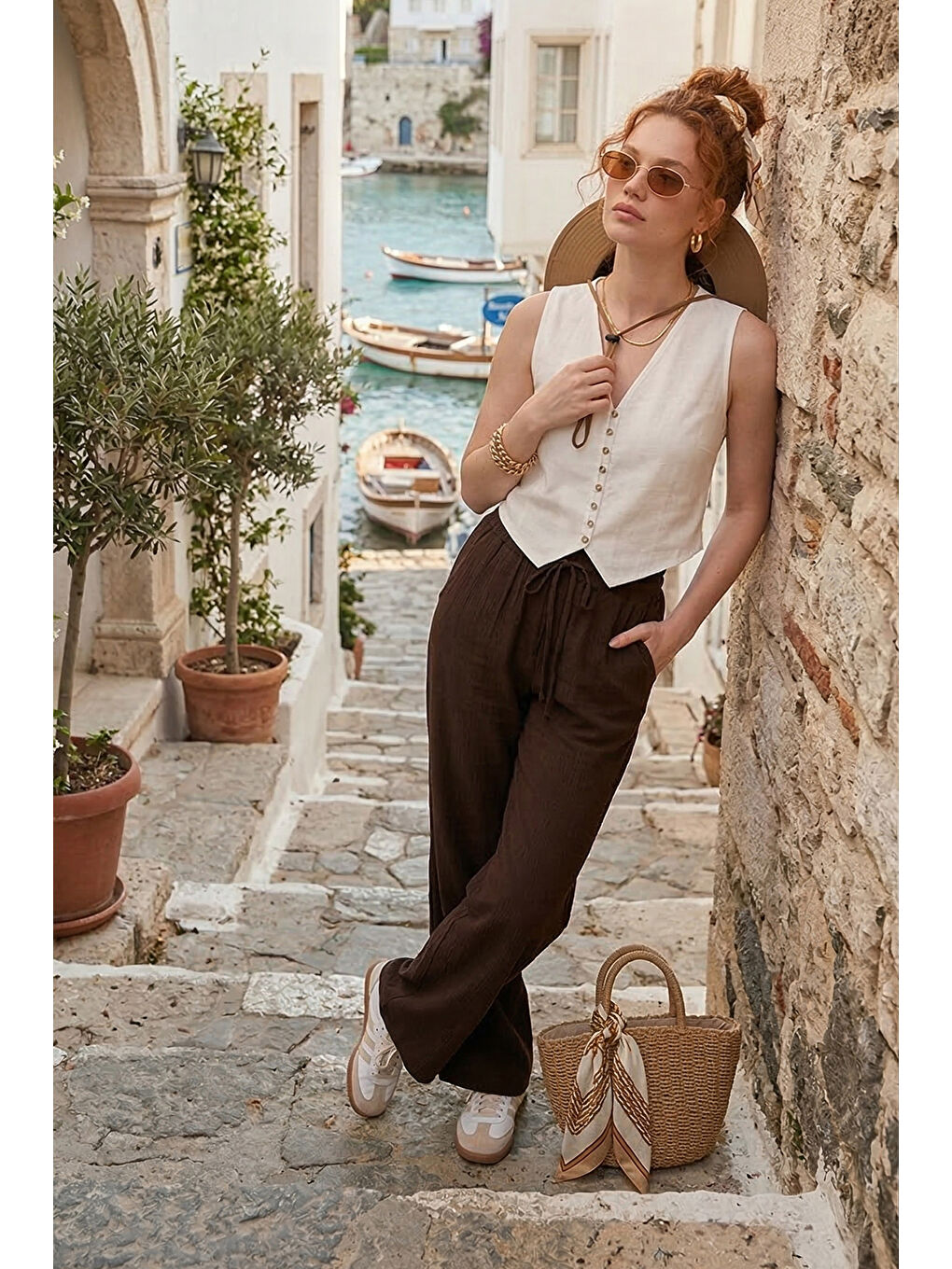 Ekru Pamuklu Regular Fit V Yaka Düğme Detaylı Yazlık Bluz Yelek 5866661