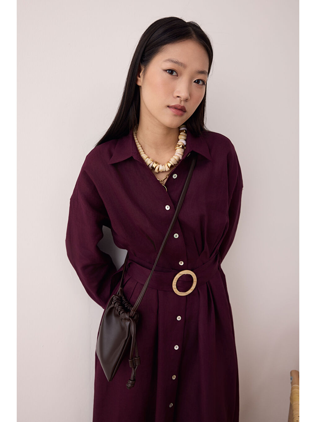 Keten Uzun Pileli Elbise Bordo-2