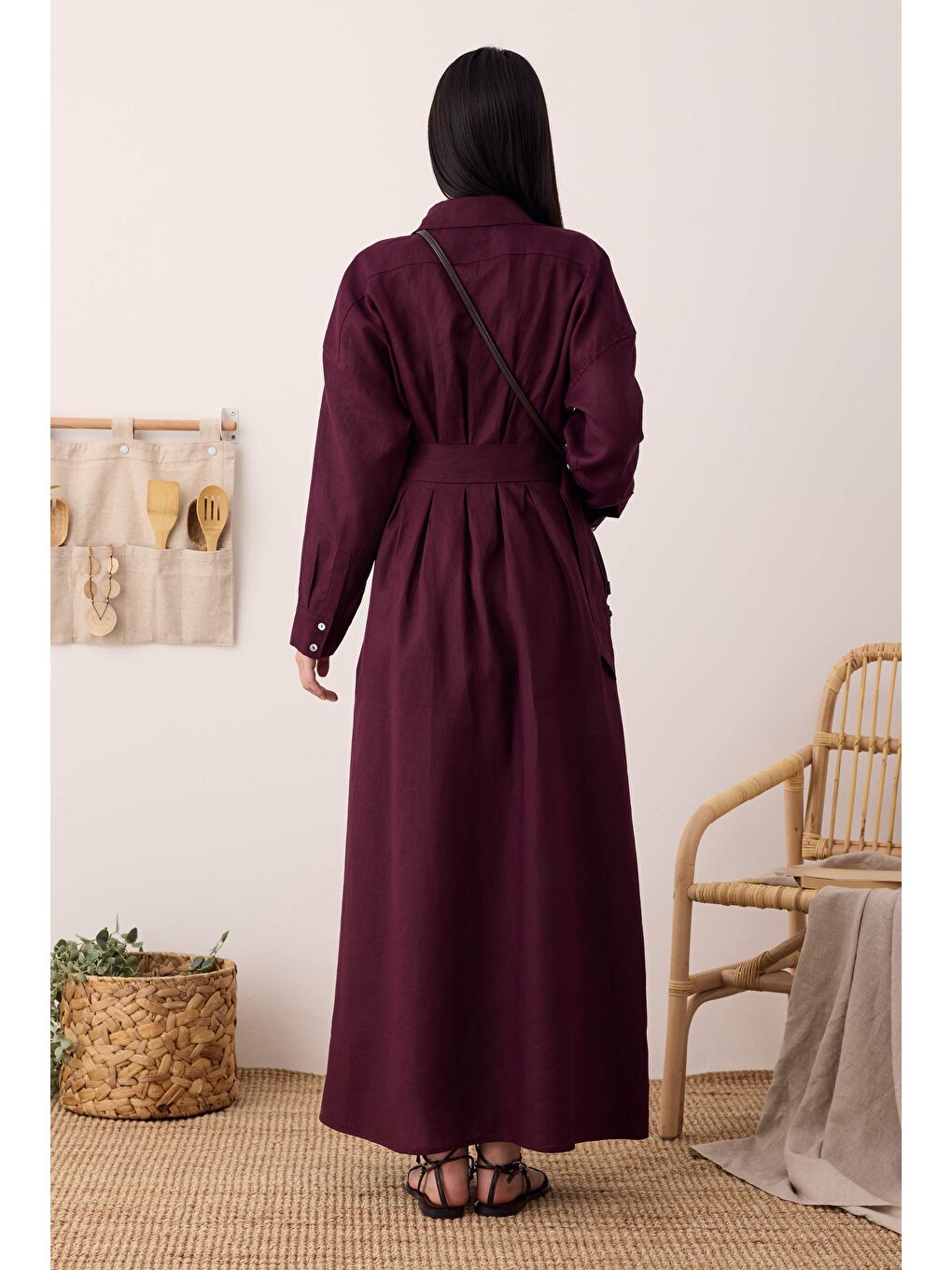 Keten Uzun Pileli Elbise Bordo-3