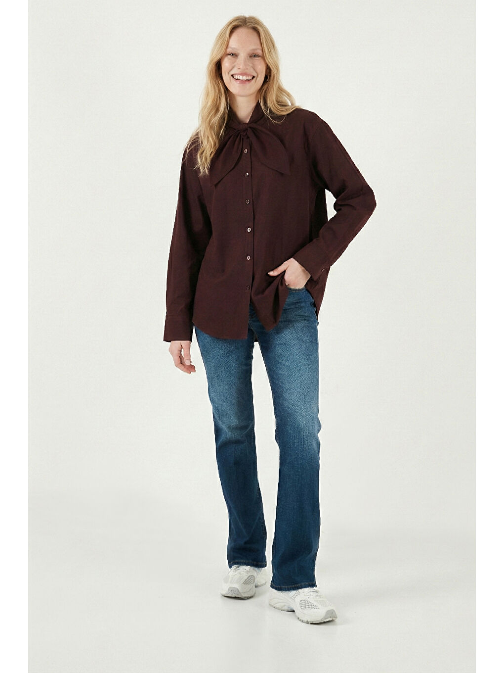 Mürdüm Pamuklu Relaxed Fit Fiyonk Detaylı Yaka Gömlek 6925407-5