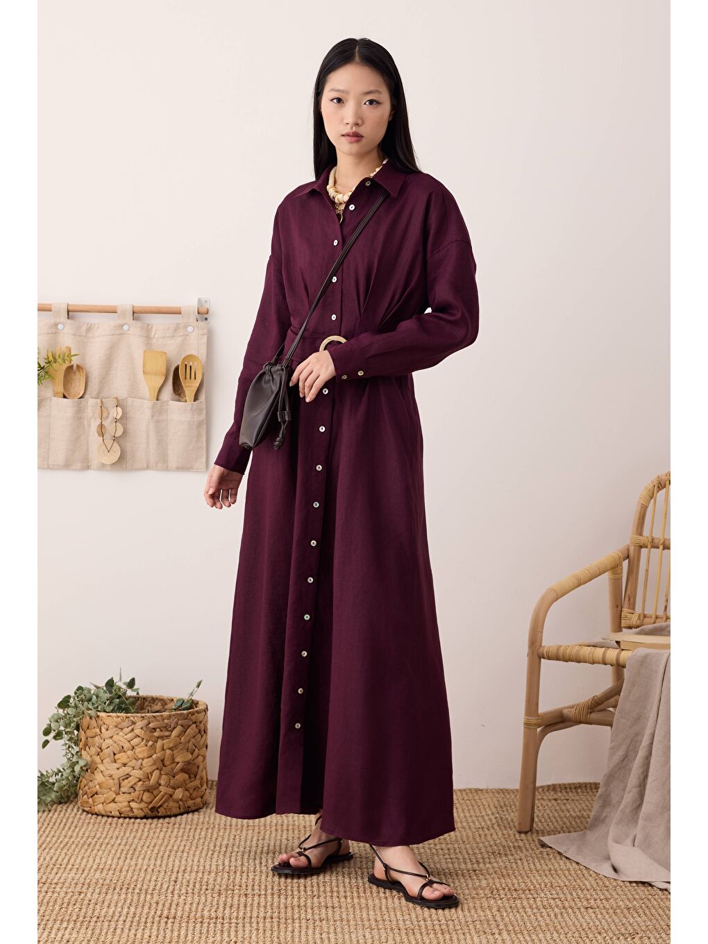 Keten Uzun Pileli Elbise Bordo-4