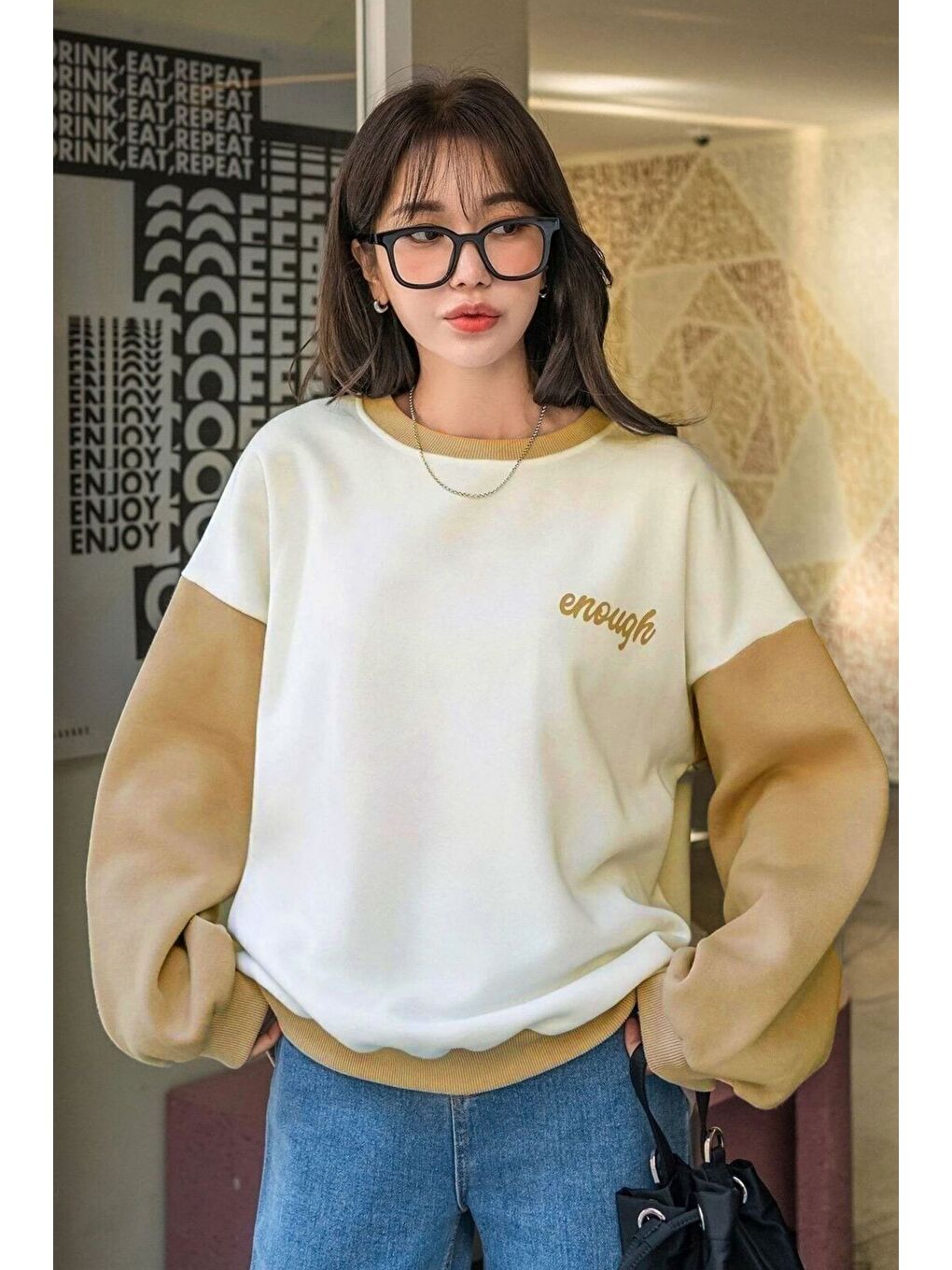 Karışık 3Lü Set Siyah Bej Füme Enough Baskılı Kol Detay Oversize Sweatshirt-1