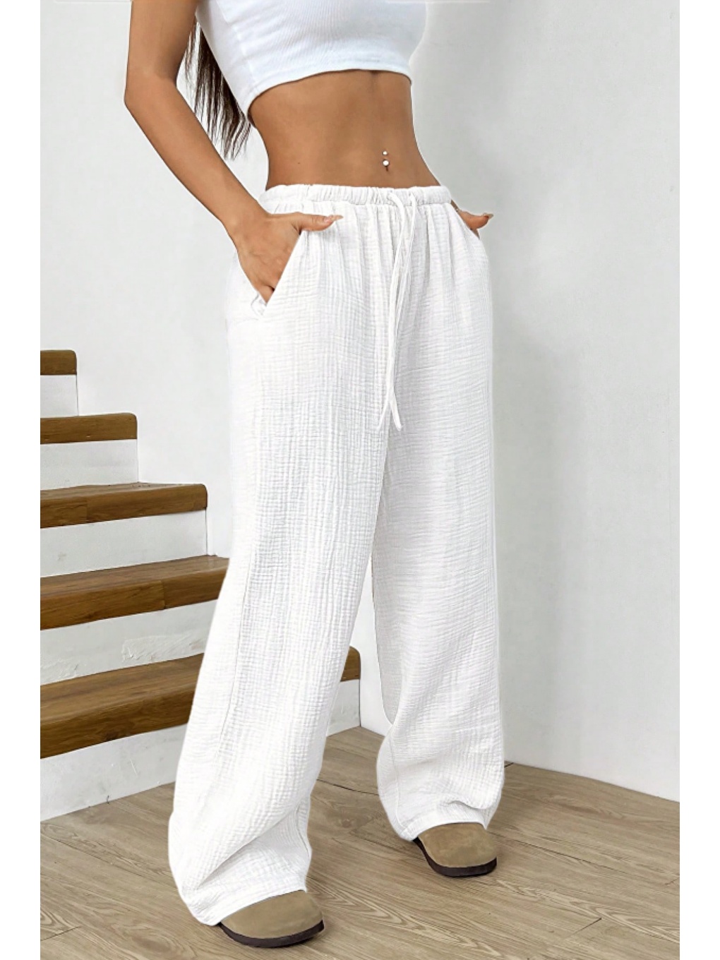 Beyaz Bol Paça Müslin Kadın Pantolon-3