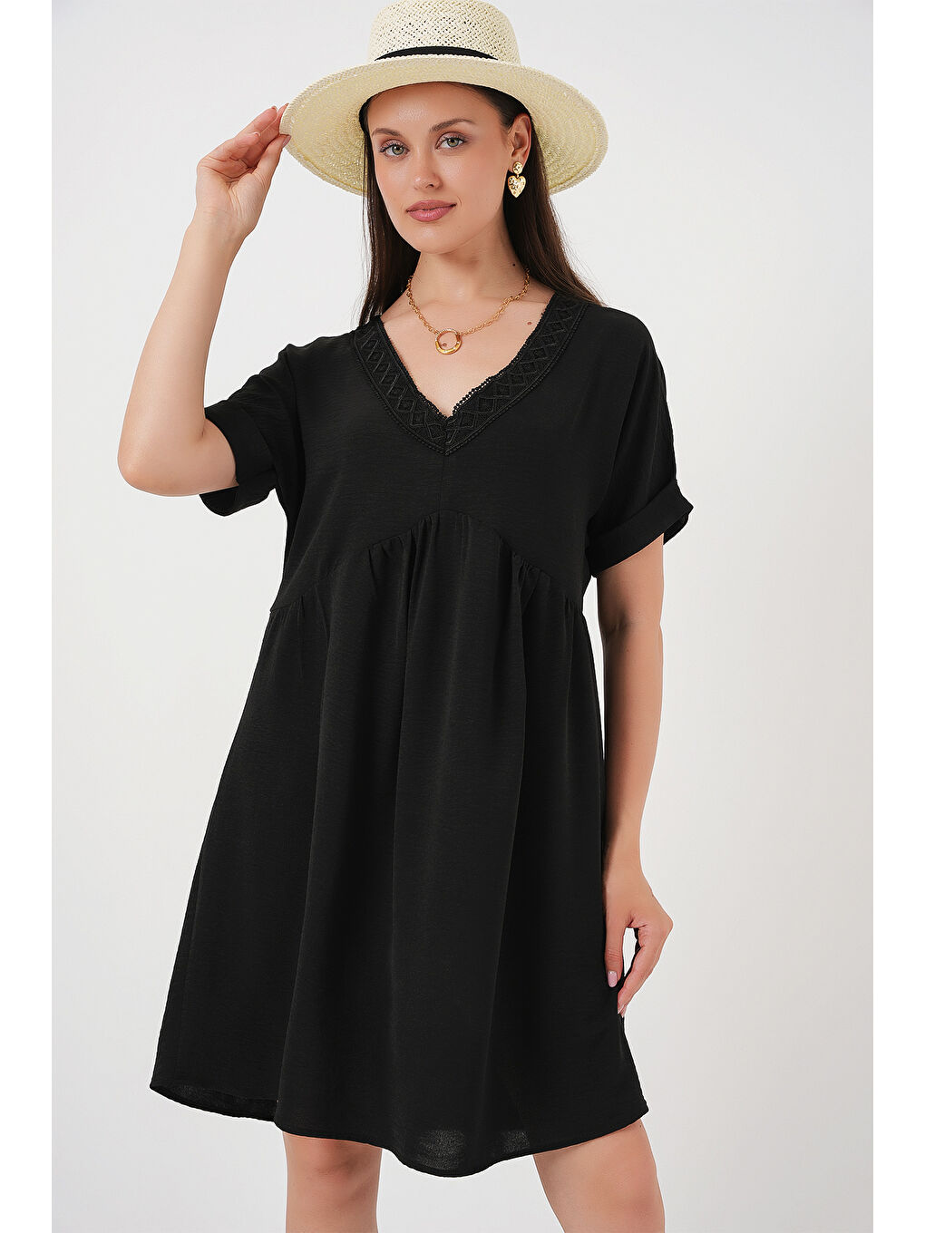 Kadın V Yaka Kısa Kol Elbise 2567 - Siyah