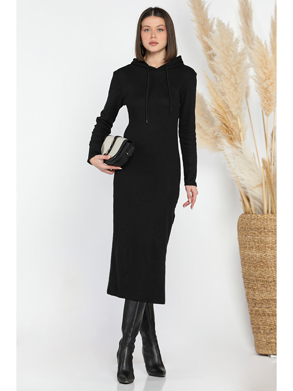 Siyah Kadın Kapüşonlu Fitilli Elbise-1