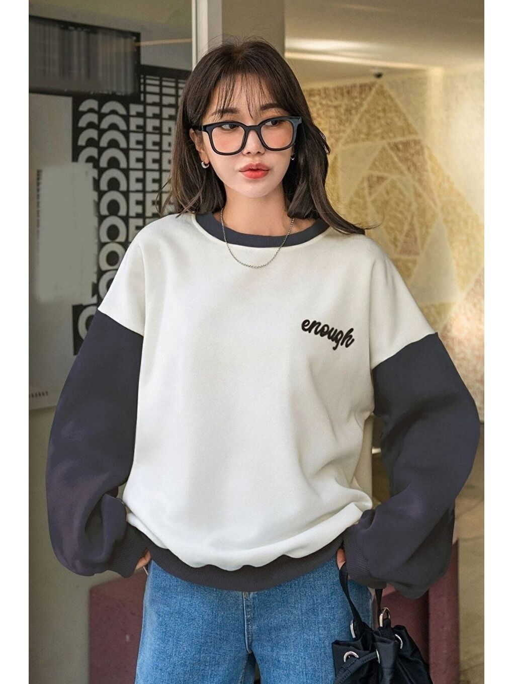 Karışık 3Lü Set Siyah Bej Füme Enough Baskılı Kol Detay Oversize Sweatshirt-2