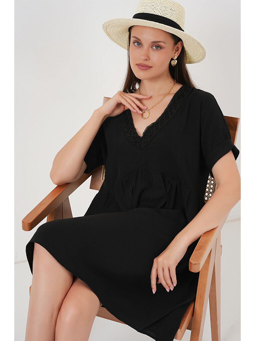 Kadın V Yaka Kısa Kol Elbise 2567 - Siyah-2