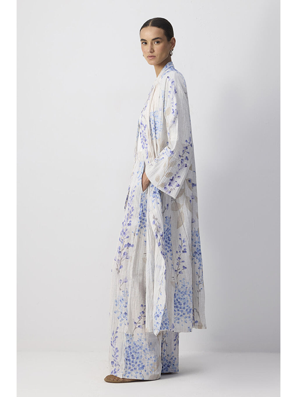 Mavi Desenli Kimono Pantolon Takım